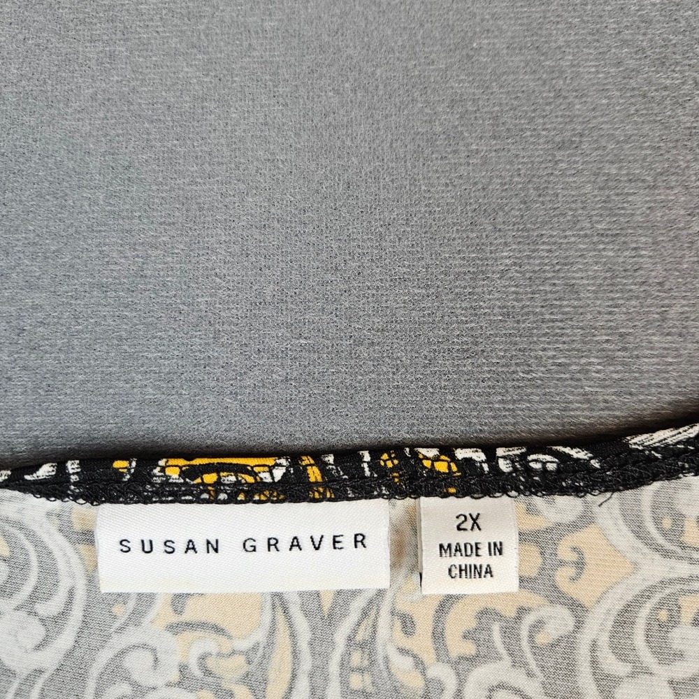 Susan Graver Liquid Knit Tunic Top 2X Black Yellow Paisley Damask 3/4 Sleeve - Picture 2 of 7